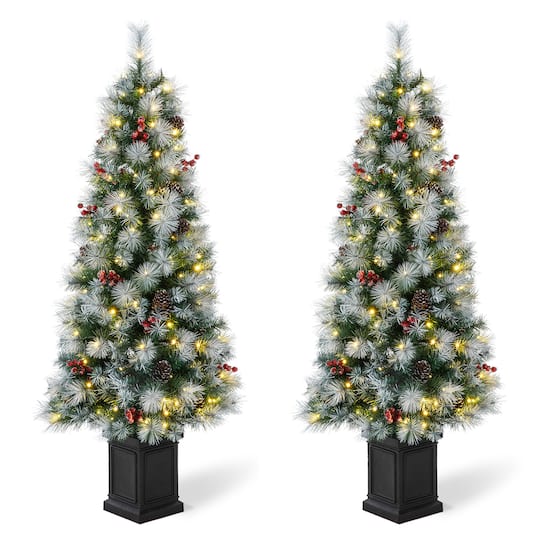 2 ct 5Ft Pre-Lit Pine Artificial Christmas Porch Tree, Warm White LED Lights By Glitzhome in Green | 5 ft | Michaels®